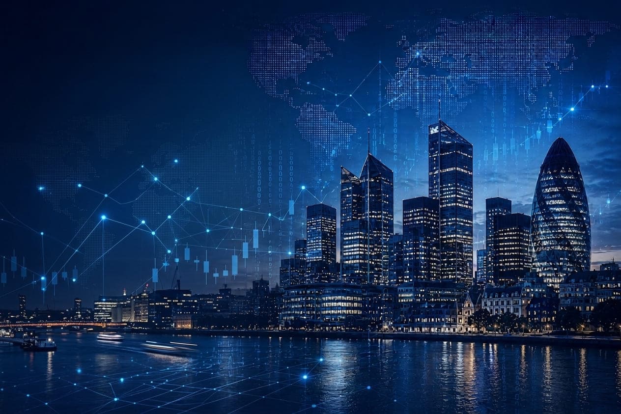 The London financial district at night seen across the Thames, overlaid with candlestick charts and a network of linked data points.